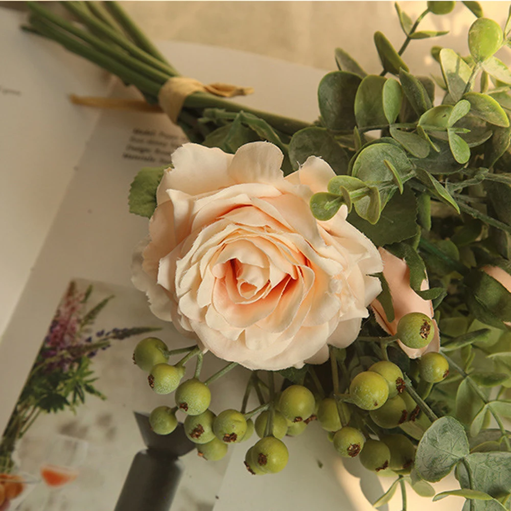 1 голова+ 2 бутоны/шт шелк DIY искусственная Роза ручной работы цветок эвкалипта Листья Свадебный букет Свадебный дом Декоративные искусственные цветы