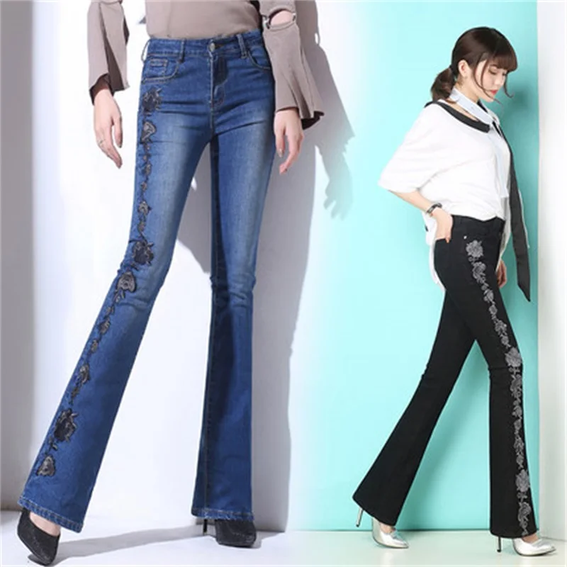 Новые женские Джинсы Клеш для женщин ручной вышивкой высокая стрейч