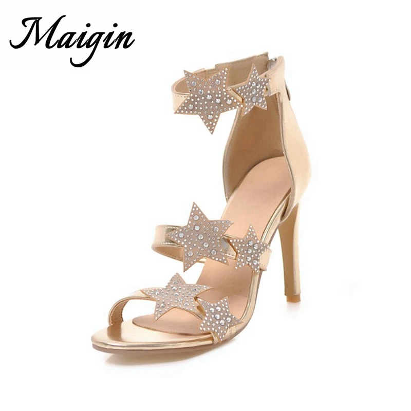 Maigin Fetidh женские босоножки на высоком каблуке 2018 Новый Bling Звезды обувь с открытым