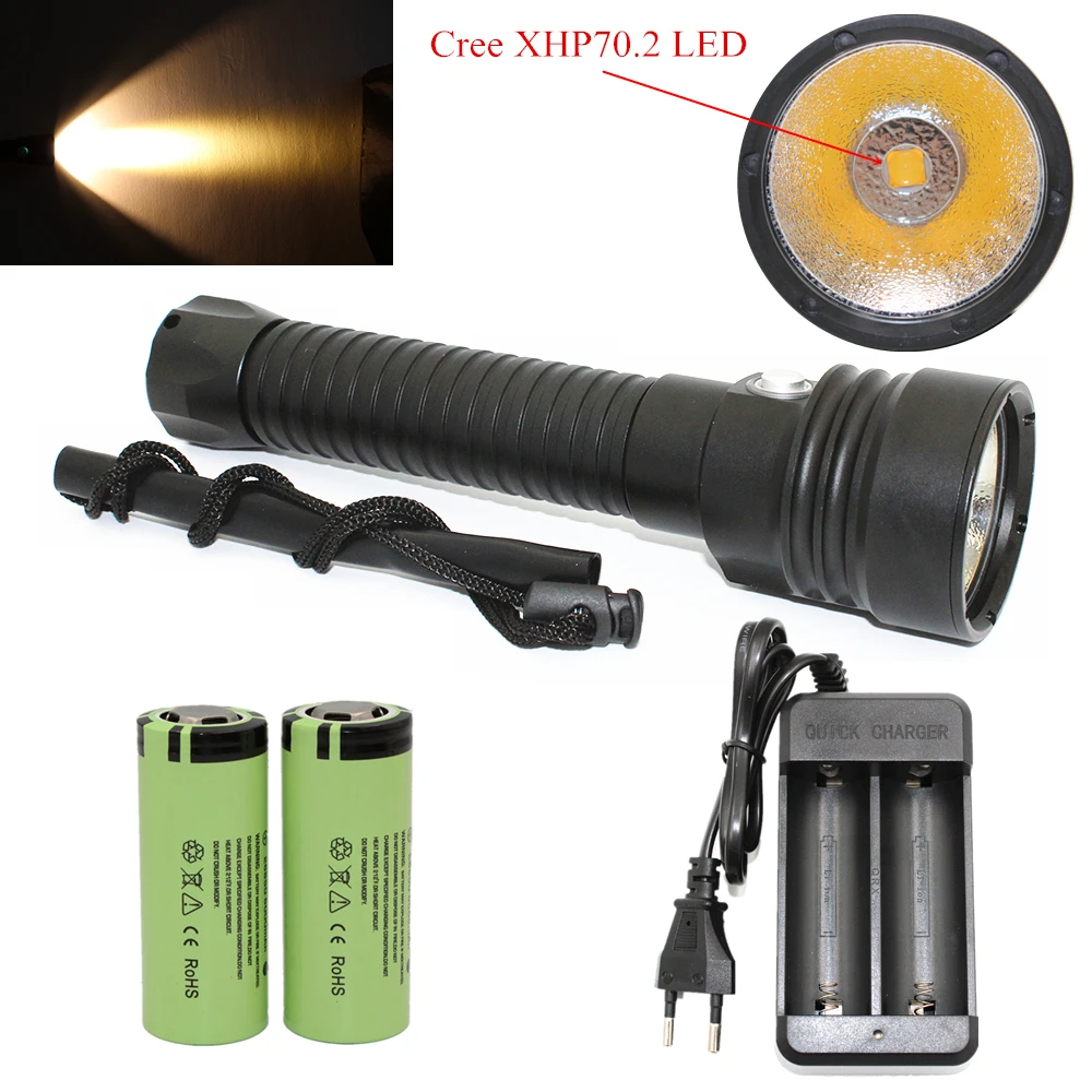 4000LM Cree XHP70/XHP70.2 светодиодный вспышка светильник вспышка для подводного погружения и светильник Водонепроницаемый тактический фонарь белый/желтый светильник + 26650 батарея + Зарядное устройство