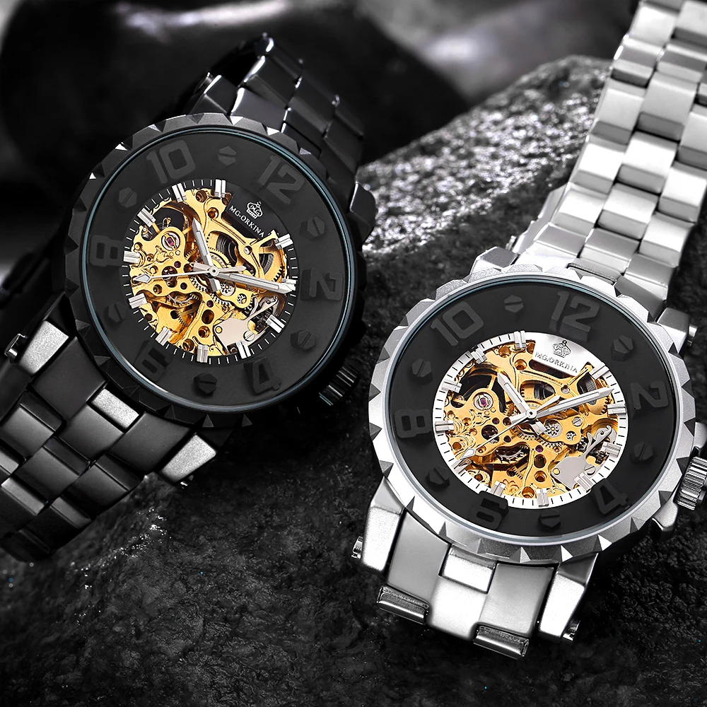 

MG.ORKINA Silber Edelstahl Sport Design 3D Stereo Dial Design Golden Skeleton Uhren Automatik Herren Uhren Top Brand Luxus