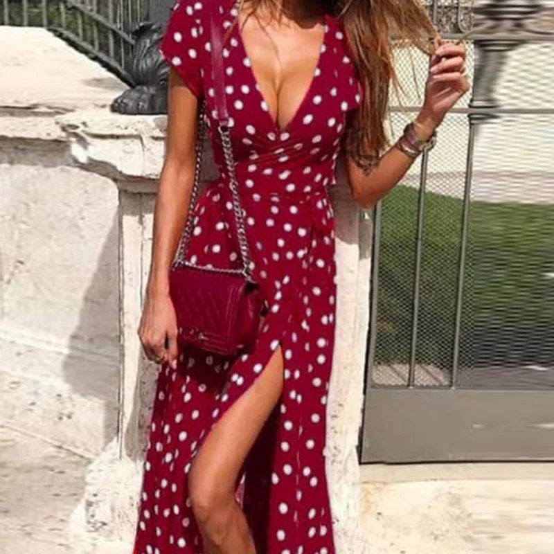 Женское длинное платье в горошек с V образным вырезом и разрезом|Женские платья| |