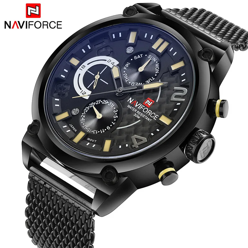 black yellow NAVIFORCE Роскошные Брендовые мужские Аналоговые кварцевые часы 24 часа с датой мужские водонепроницаемые часы 3ATM мужские спортивные полностью Стальные наручные часы - Цвет: black yellow
