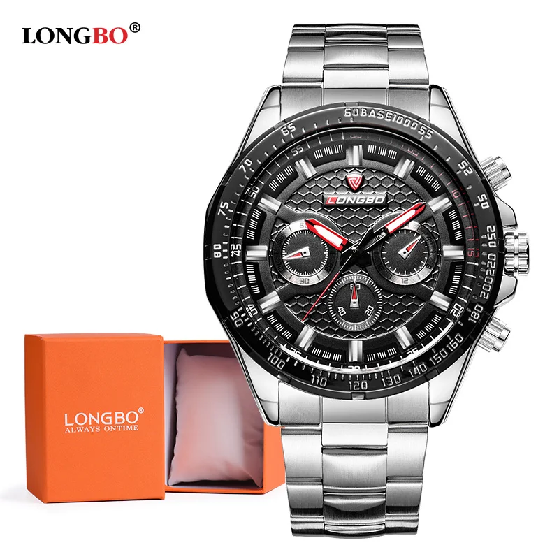 Blacksilver box LONGBO Модные Военные мужские спортивные часы Повседневный ремешок из нержавеющей стали часы динамические классические мужские наручные часы Reloj Hombre 80298 - Цвет: Blacksilver box