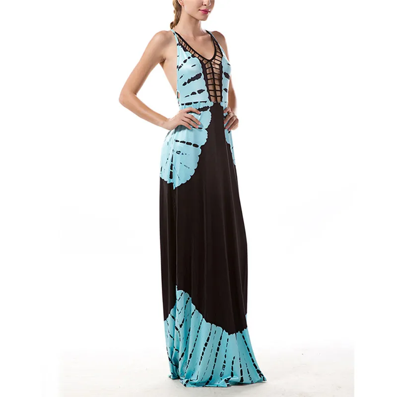 Синие летние пляжные Стиль Для женщин длинное платье Холтер v-образным вырезом Sexy