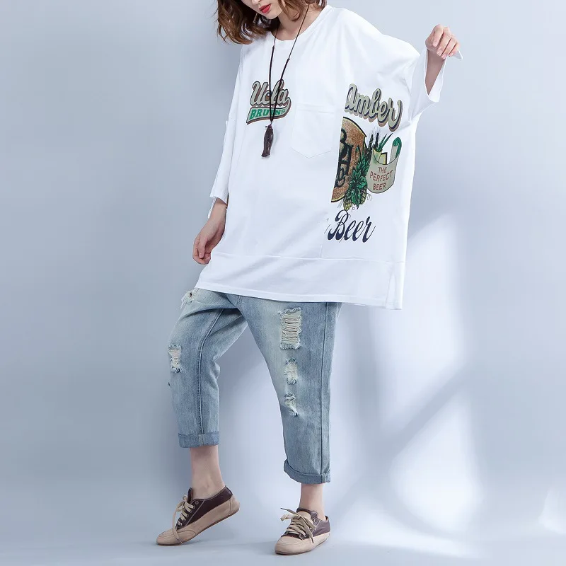 Женская хлопковая Футболка большого размера свободная футболка с коротким