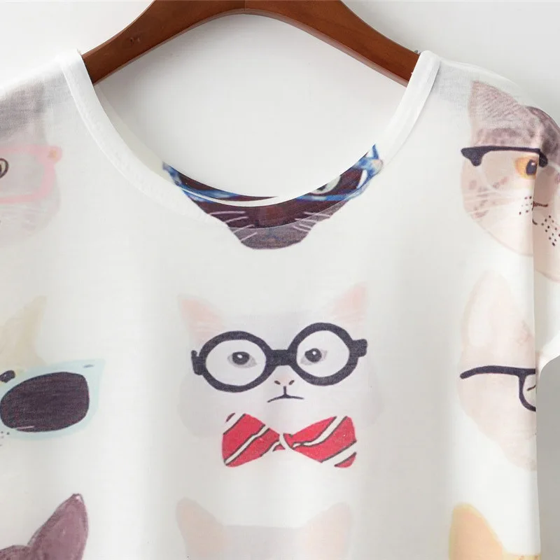 2019 summer new glasses cat expression package round neck short sleeve loose women's T-shirt fashion shirt | Женская одежда