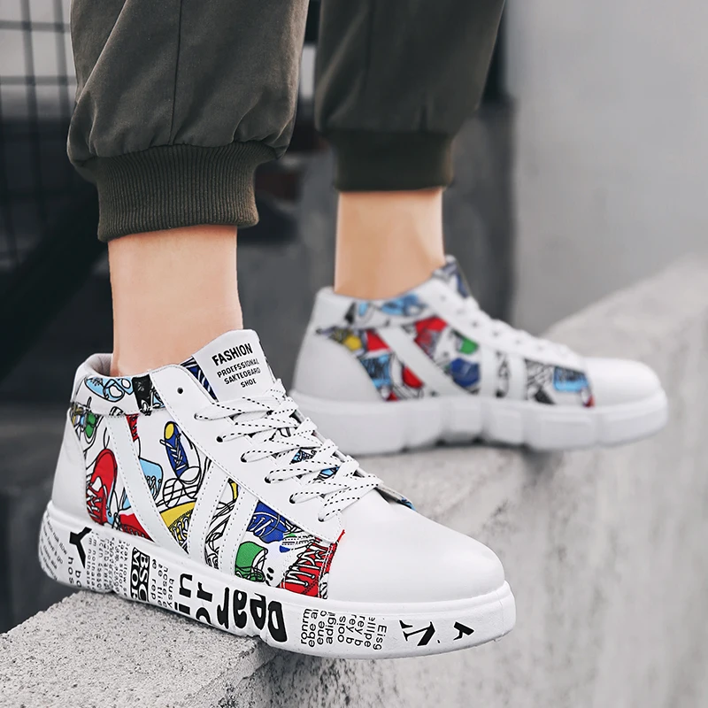 Moipheng New Graffiti Sneakers Autumn Winter High Top Lover Shoes PU Woman Sneakers White Shoes Plus Size Zapatos De Mujer