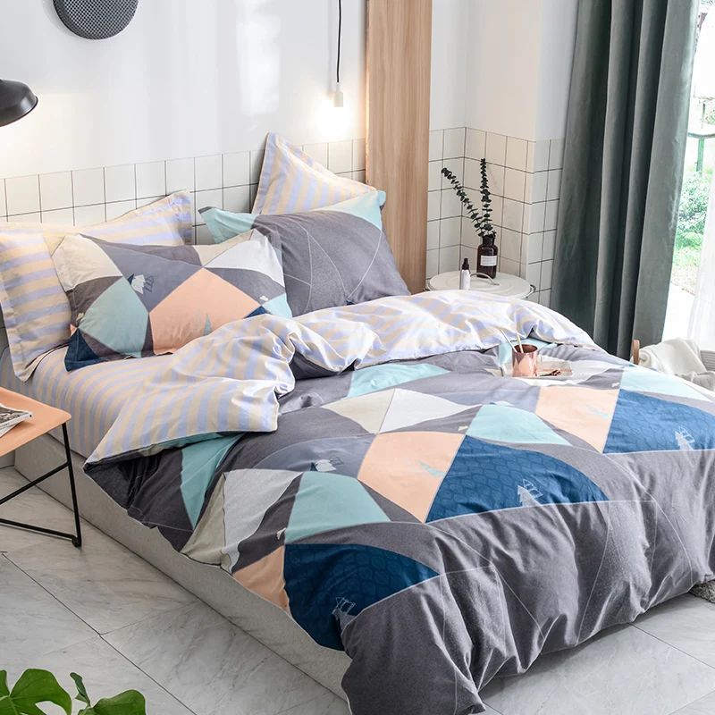 Stylish Colored Rectangle Pattern Sheet Pillowcase Bedding Set 3/4Pc Duvet Cover Sets Twin Double FULL Size Bedlinen | Дом и сад
