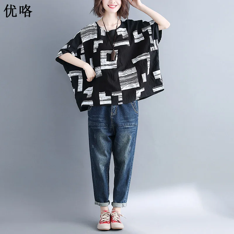 Женская Винтажная футболка в клетку свободная хлопково-Льняная с рукавом