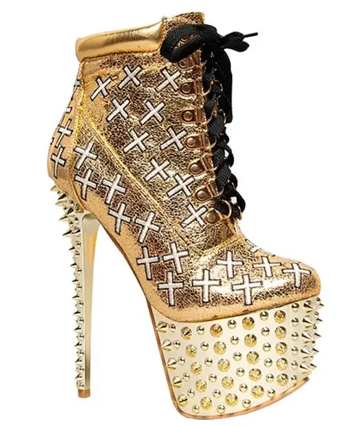 Gold Spikes Platform Punk Boots Women Thin High Heels Rock Ankle Boots Rivets Motorcycle Boots Lady Party Shoes Show Heels