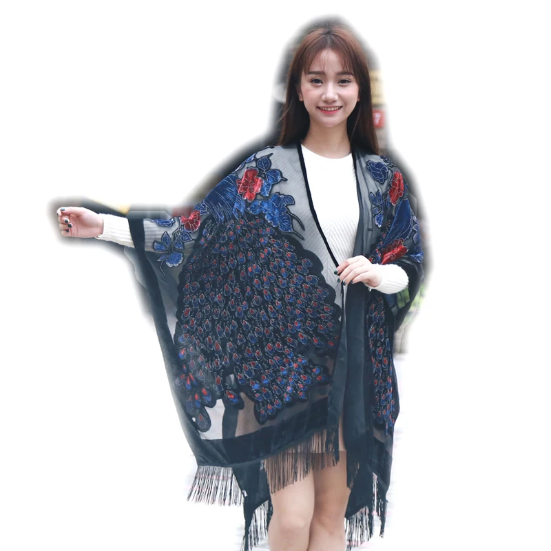 Бархатное пончо с павлином большой размер 155*100 см зимняя шаль Пашмина шарф для