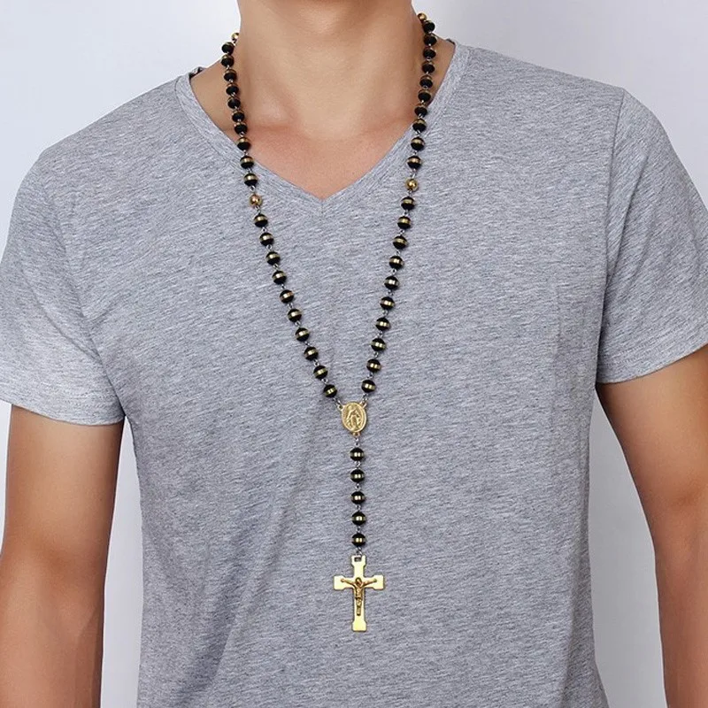 

Men Rubber Rosary Pendant Necklace, Stainless Steel Virgin Mary Jesus Christ Crucifix Cross Jewelry