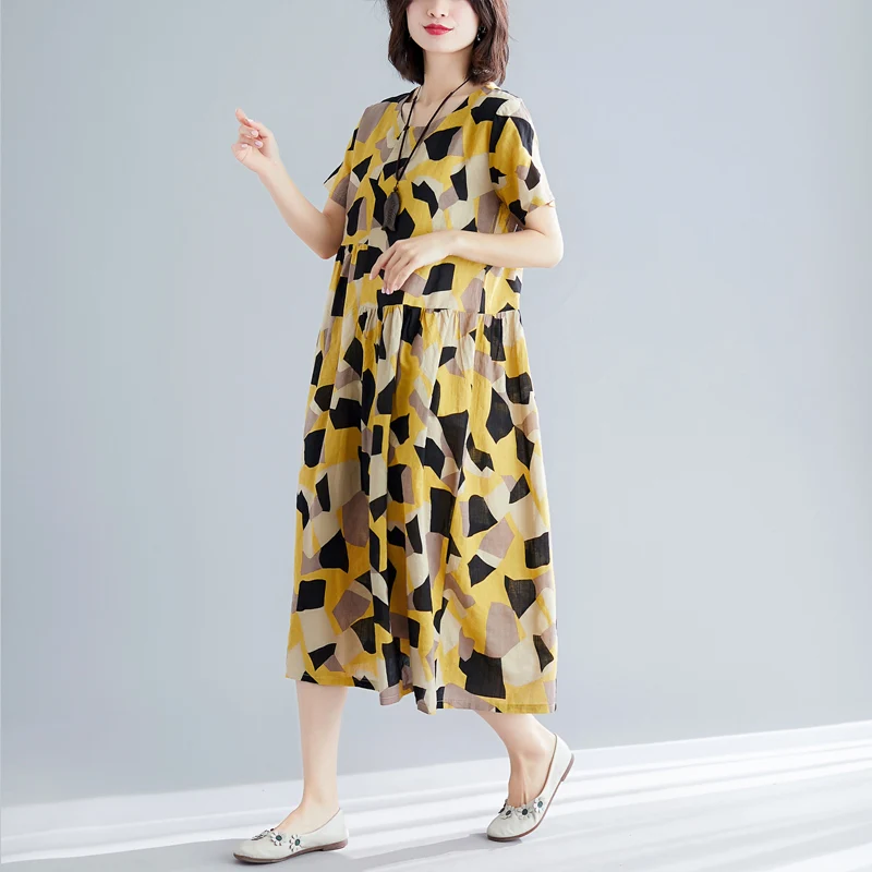 Летнее женское Хлопковое платье в национальном стиле с круглым вырезом и