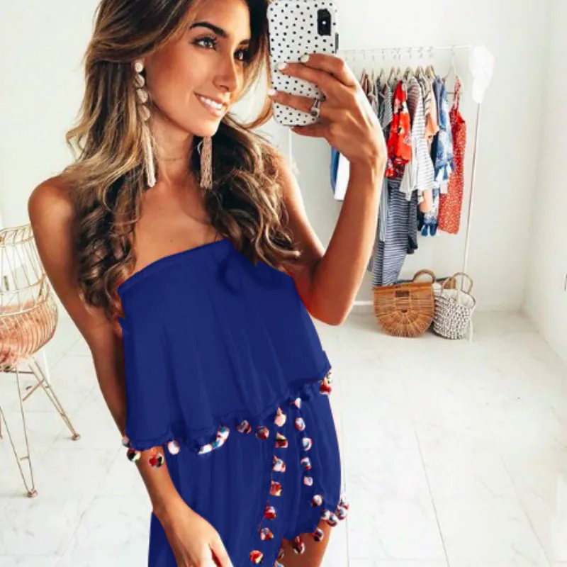 2018 Новый Для женщин кисточкой без бретелек Комбинезоны женские Soild рукавов