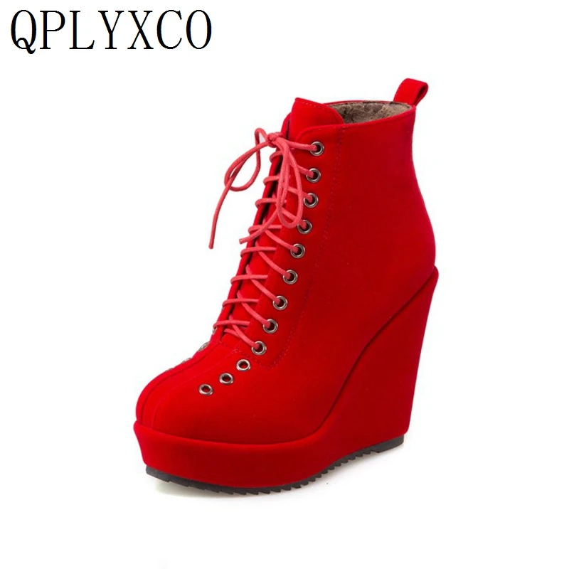 

QPLYXCO Womens Wedges short Boots 2019 High Heels12CM Flock Fashion Lace Up Autumn Winter Quality Shoes woman Ankle boots 871-5