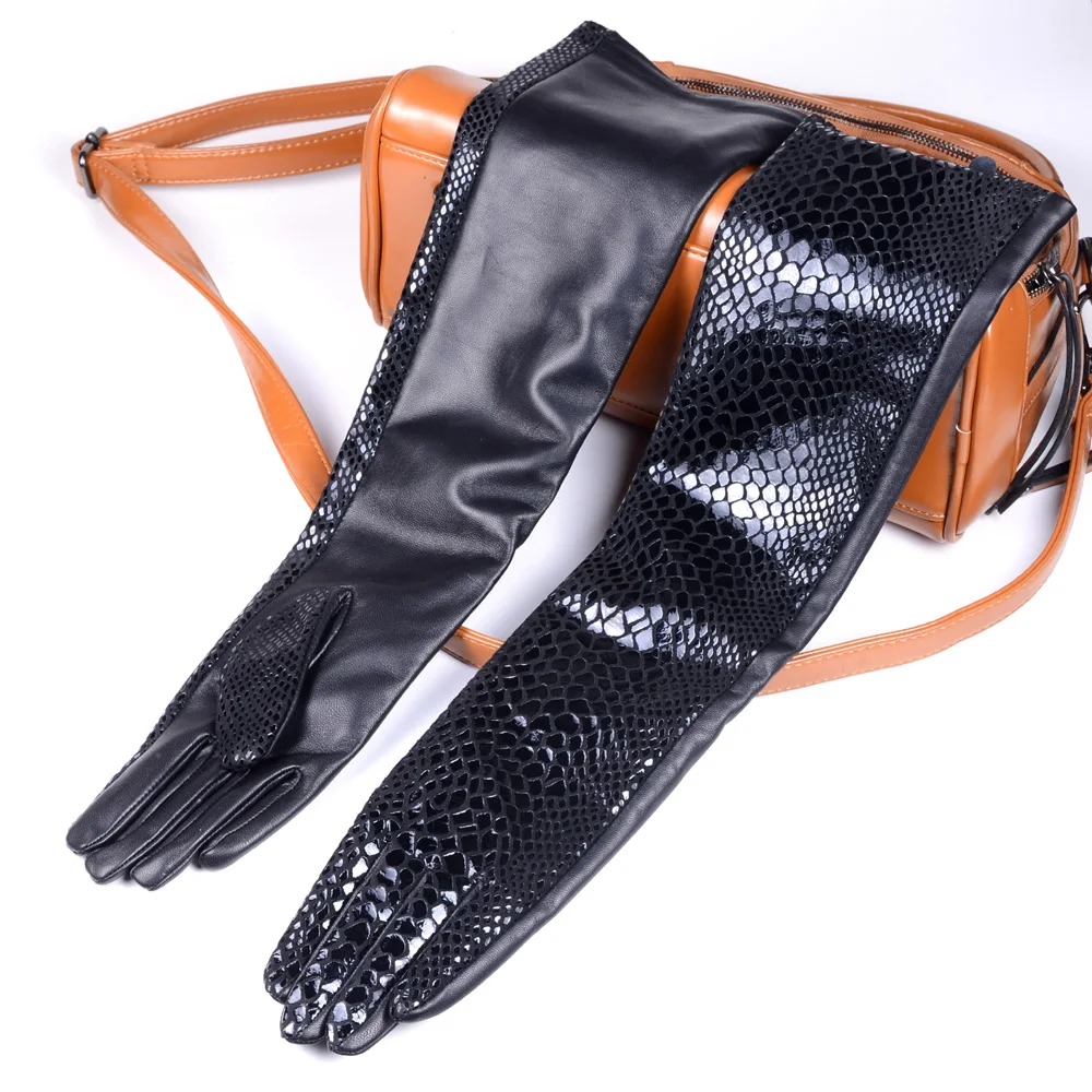 Женские длинные перчатки из натуральной кожи с принтом змеи черные для вечеринок