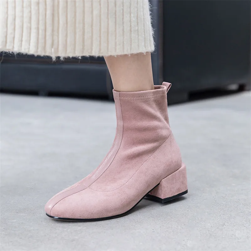 FEDONAS Top Quality Flock Women Ankle Boots Square Toe Square Heels Slip on Elegant Chelsea Boots Autumn Winter Basic Shoes