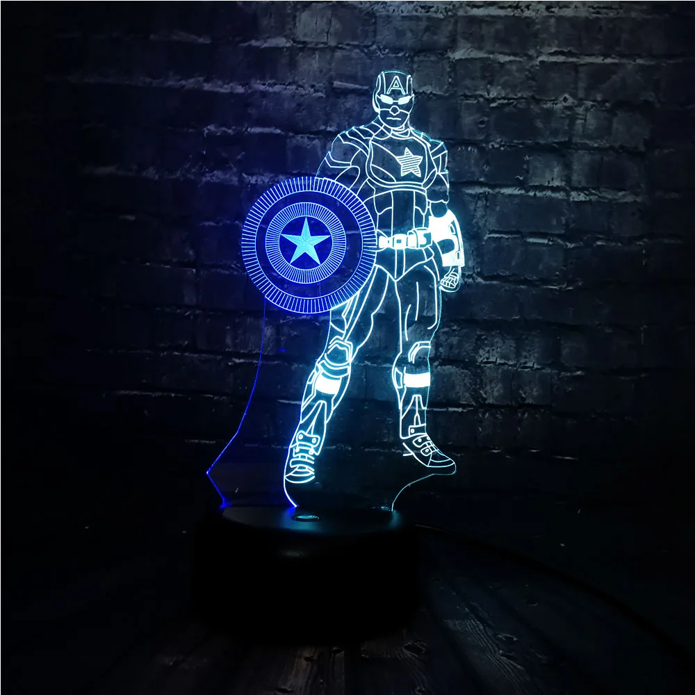 Блеск 3D Marvel Super Hero Captain America LED смешанный 7 цветов USB зарядка Декор для спальни