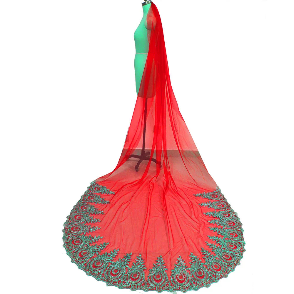 Реальные фотографии Золотой кружевной синий тюль Длинная свадебная вуаль один