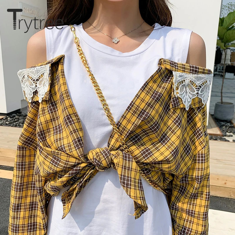 Trytree летнее модное платье женское кружевное клетчатое блуза пэчворк футболка