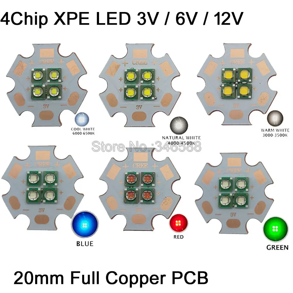 

XP-E 3V 6V 12V 4 Chips 4LED 10W LED Emitter Instead of MKR XML White/Warm White/Blue/Green/Red/Yellow/Royal Blue 20mm Copper PCB