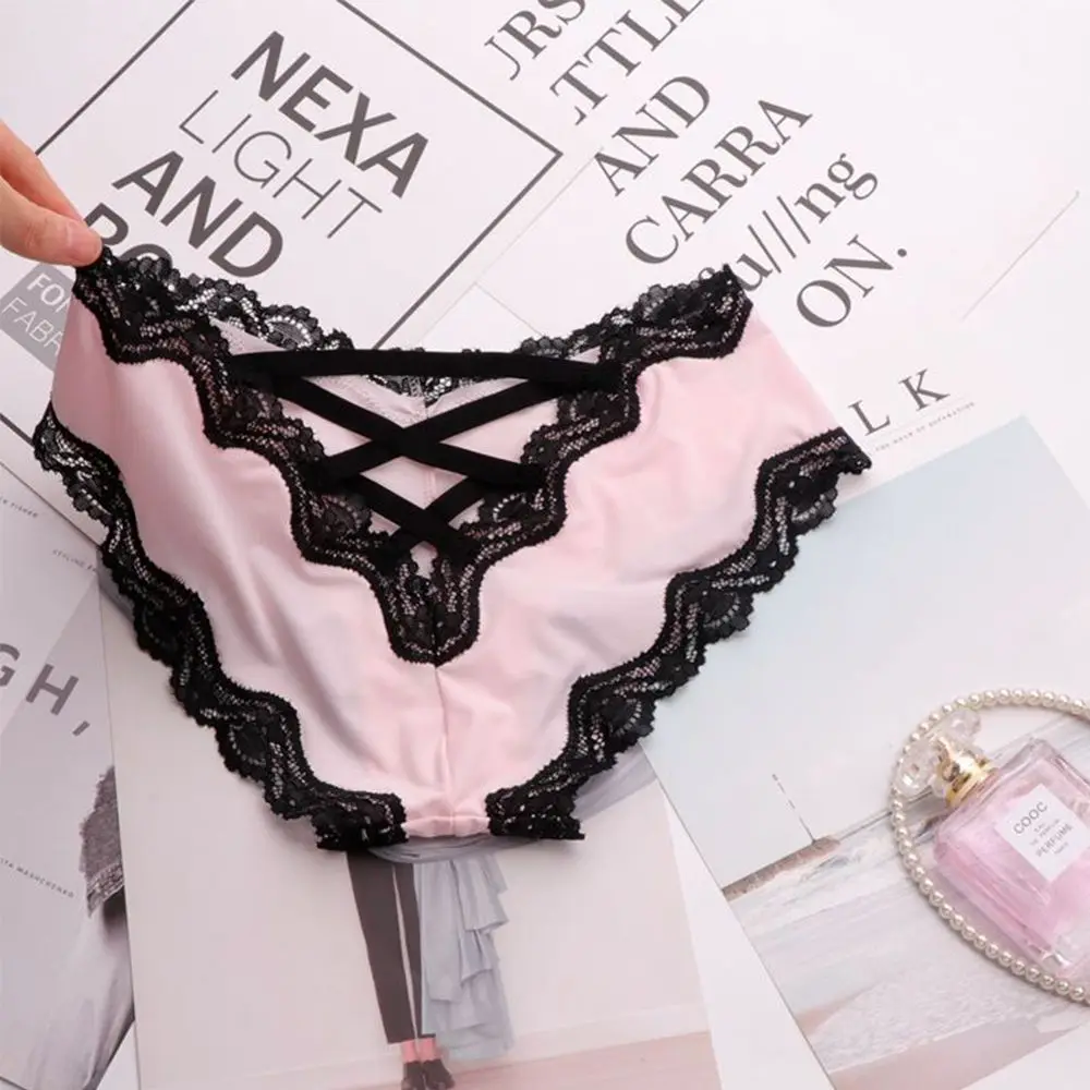 

Sexy Cross Strap Hollow Out Silk Panties Women Lace Low-rise Seamless Briefs Female Soft Crotch Cotton Underpants