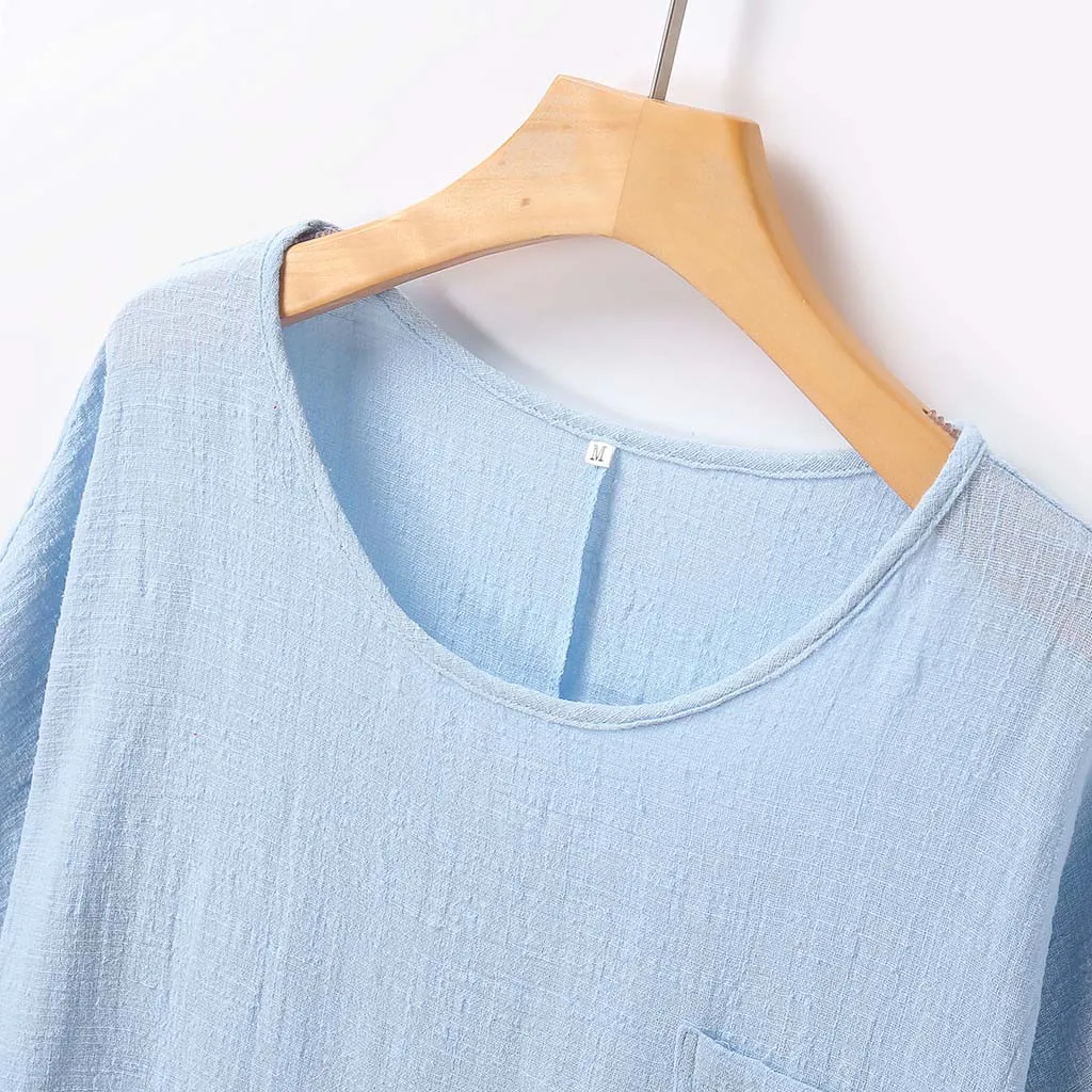 Женская блузка Blusas Mujer De Moda, Женская хлопковая и льняная рубашка с коротким рукавом и карманом, топ, блузка, женская блузка