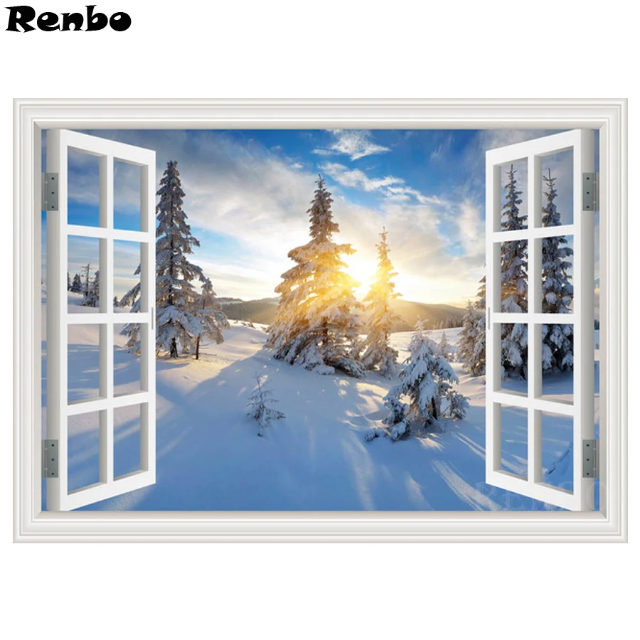 Алмазная картина окно снаружи Снежная сцена горный хрусталь алмазная вышивка 5d