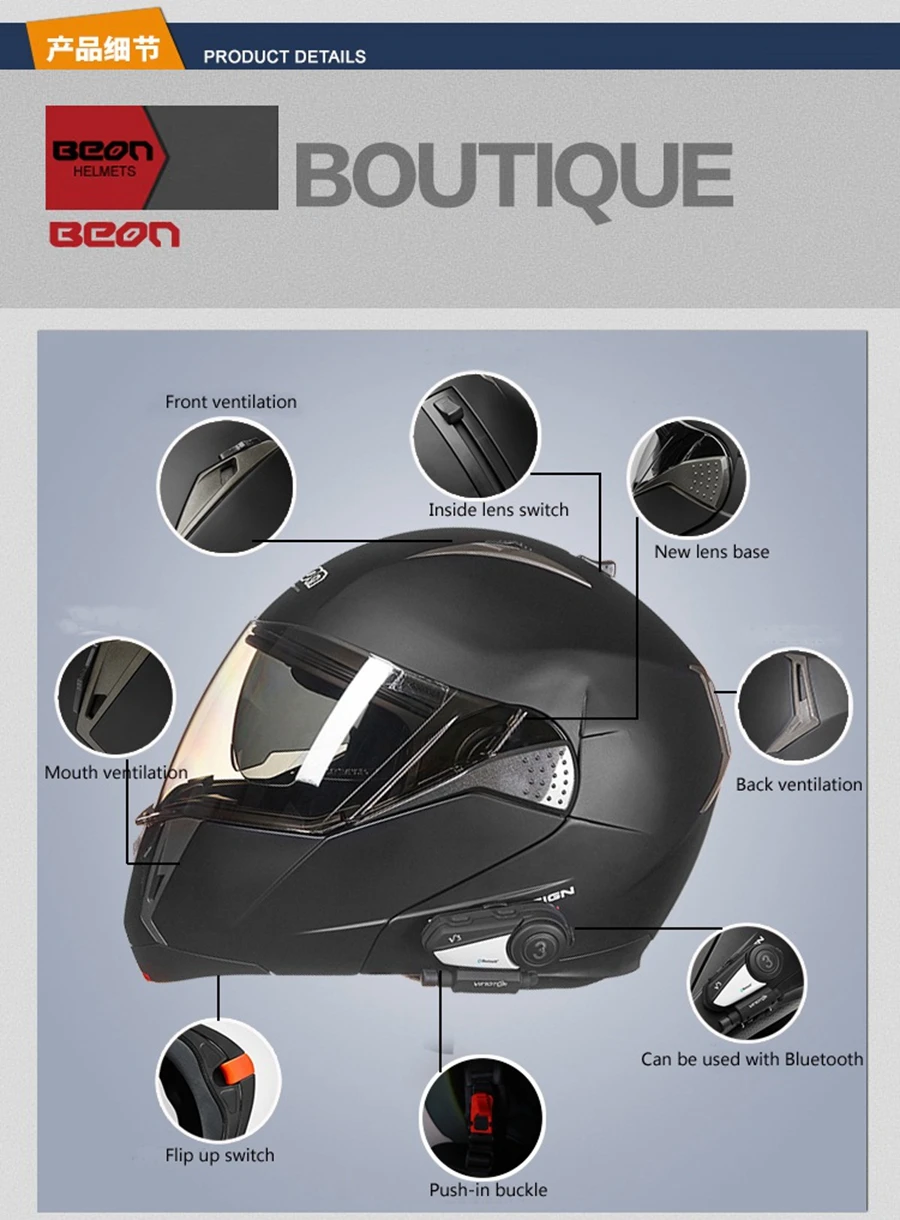 BEON двойной объектив флип до 1000 м V3 Bluetooth мотокросс шлем домофон гарнитура интерфон радио гоночный мотоцикл шлемы