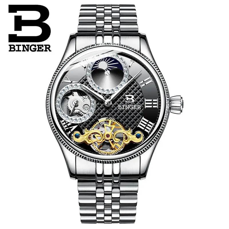 Швейцарские роскошные мужские часы Бингер бренд Tourbillion механические наручные