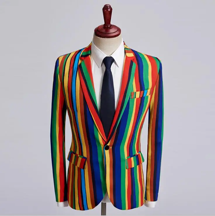 Singer star style dance stage printing clothing for men groom suit mens wedding suits costume colorful stripes formal dress tie