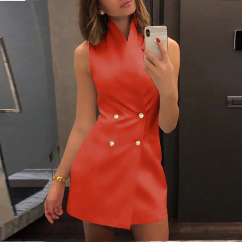 Женское двубортное платье на пуговицах элегантное офисное без рукавов с