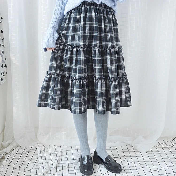 Navy Blue Зимние женские оплаченные чеки длиной до колена юбка длинная юбка Повседневная Женская юбка с эластичной резинкой на талии Mori Girl Стиль 3 цвета - Цвет: Navy Blue