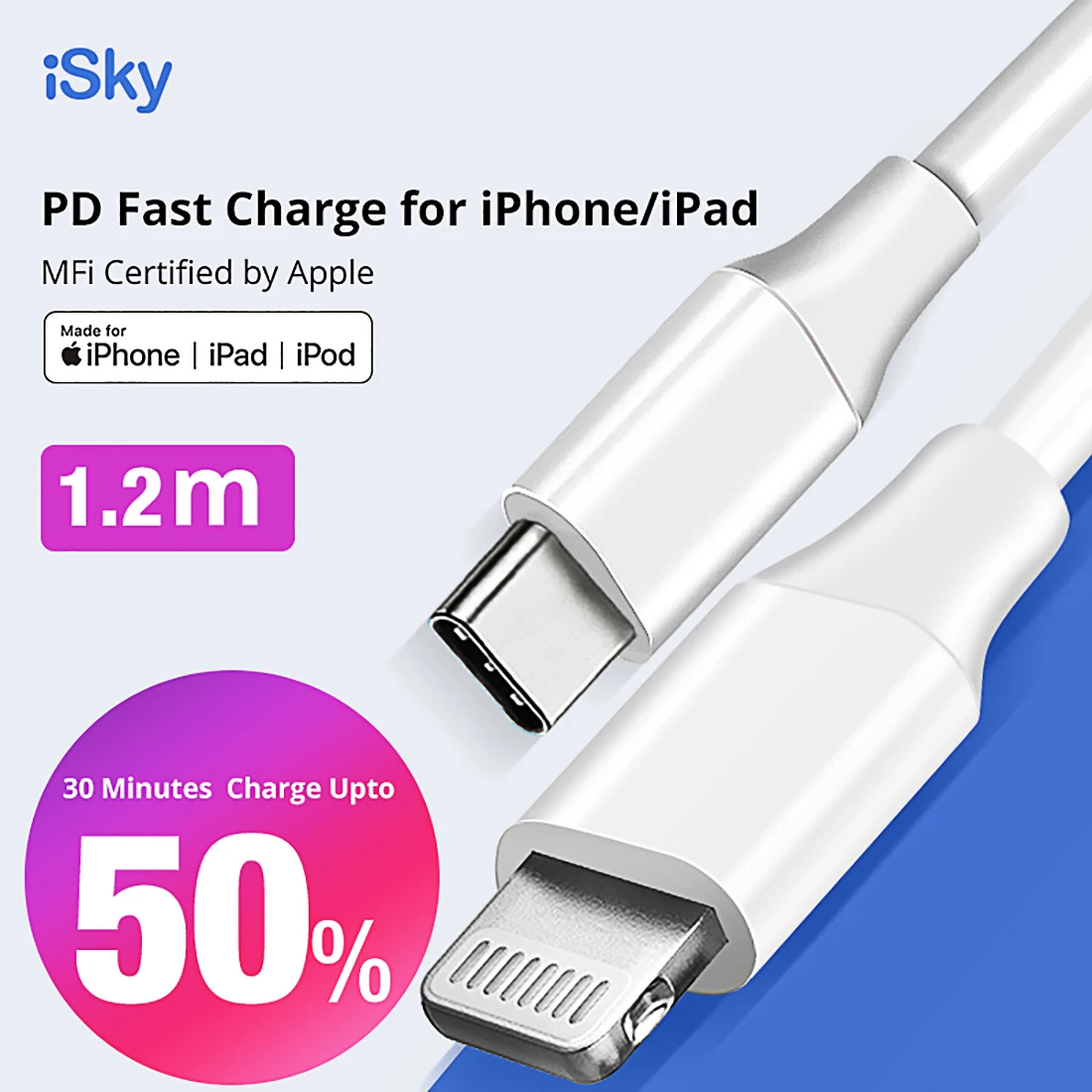 Кабель iSky MFi type C для освещения iPhone 11X8 7 6 5 XR XsMax Pro PD Быстрая зарядка C94 MFi сертифицированная Синхронизация данных для Macbook