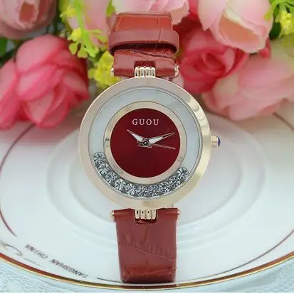 Красный Женские Часы GUOU Montre Femme роскошные женские часы со стразами браслет из натуральной кожи часы bayan kol saati - Цвет: Красный