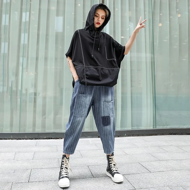 CHICEVER летние винтажные синие джинсовые женские штаны в полоску эластичные со