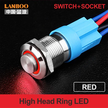 RED (HIGH RING) LANBOO 12 мм водонепроницаемый выключатель без фиксации металлический дверной Звонок кнопочный переключатель светодиодный с переключателем и разъемом - Цвет: RED (HIGH RING)