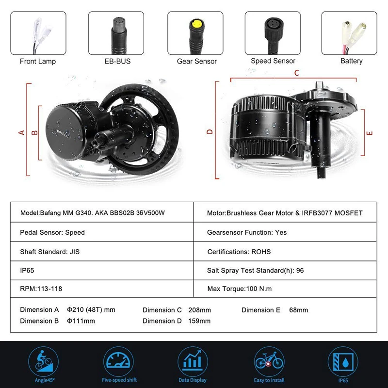 Комплект для электровелосипеда Bafang/8fun BBS02B 36 В 500 Вт|Двигатель электровелосипедов|