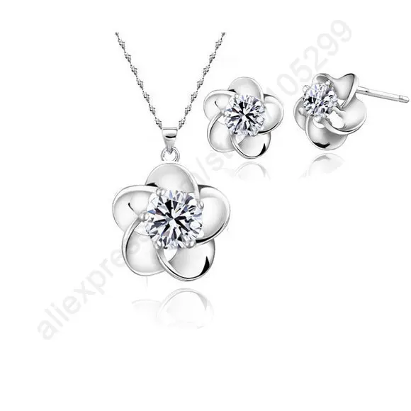 

Fast Ship White Genuine Fine 925 Sterling Silver Jewelry Sets Chain Cubic Zirconia CZ Necklace Pendant Sud Earring