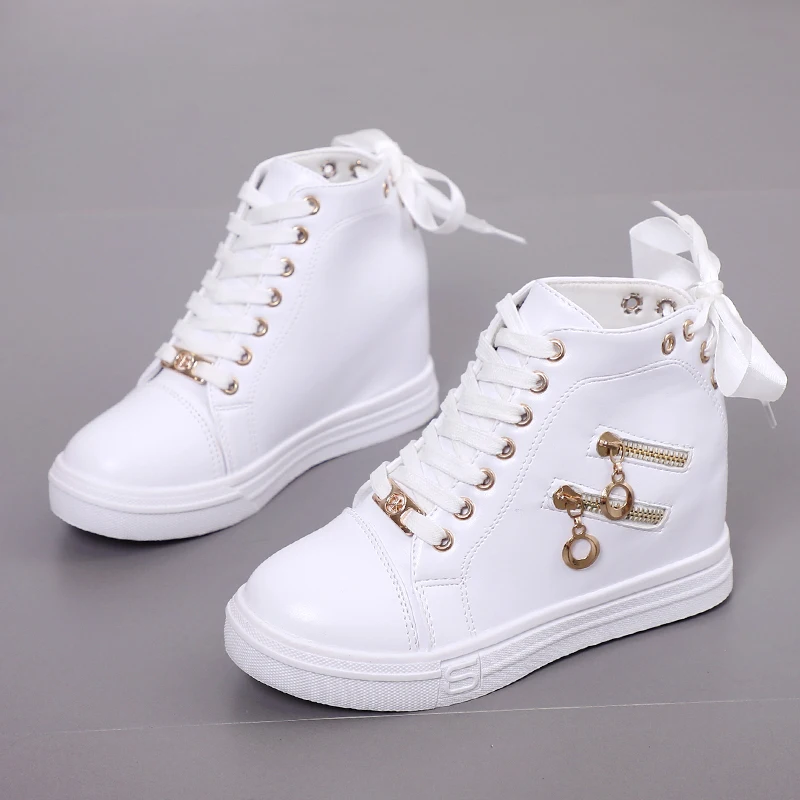 2019 New Autumn Waterproof Wedges Woman Casual Metal Zipper Shoes Platform Heels Female Leisure Black &amp White Women Sneakers | Обувь