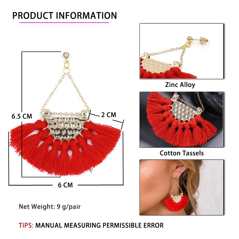 Bohemia Tassels Серьги болтаться женщины Аксессуары хлопок ручной бахромой серьги