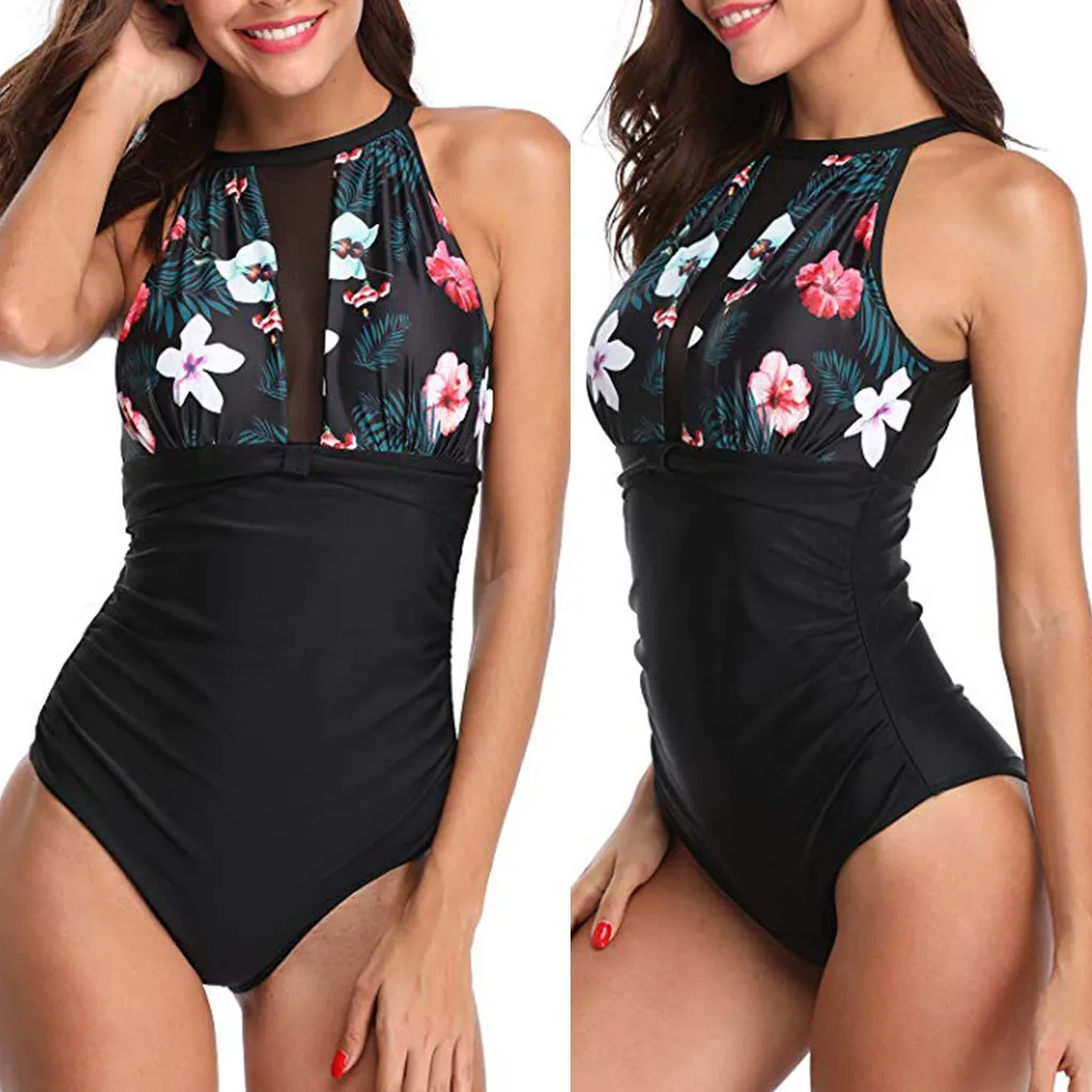 Бикини 2020 Женский Цельный купальник с цветочным принтом сетчатый вырезом на шее
