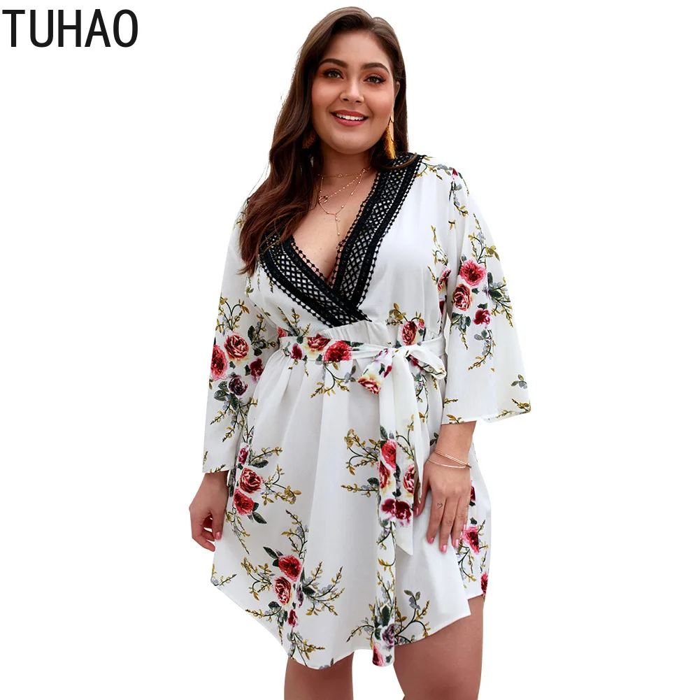 

TUHAO Spring Vintage Print Beach Dress Women SUMMER Elegant Bohemian Style Plus Size 4XL 3XL Dresses Female Sundress KKFS