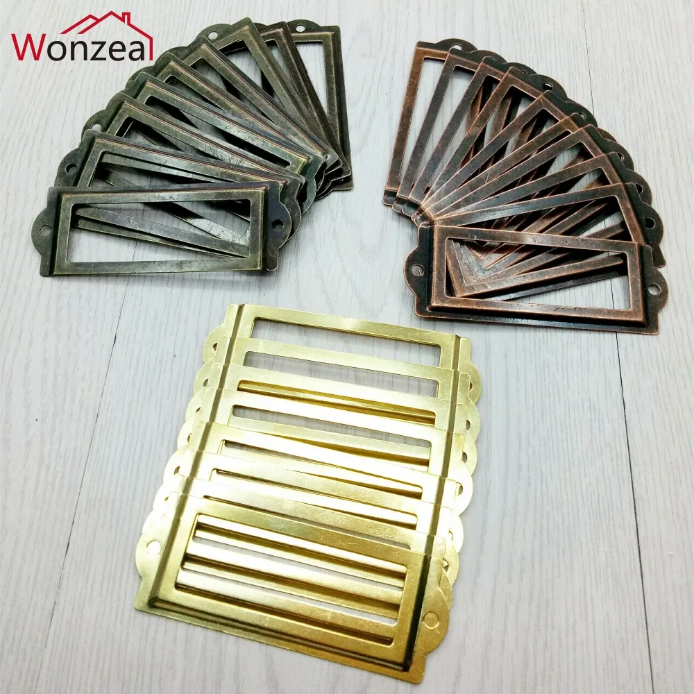 

10pcs 84*30mm Antique Brass Vintage Metal Label Pull Frame Handle File Name Card Holder Furniture Cabinet Drawer Box Case Bin