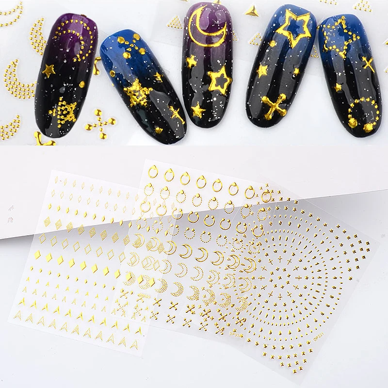 

1 Sheet Metallic Nail Art Stickers Mixed Moon/Star/Arrow/Triangle Geometric Patterns 3d Gold Hollow Adhesive Sticker Decorations