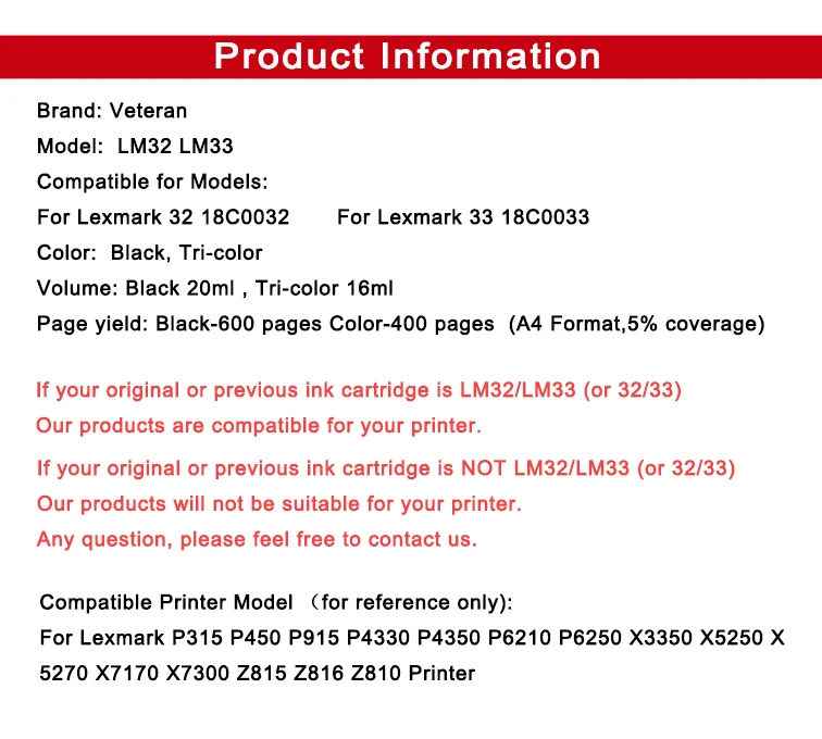 Картридж Veteran для Lexmark 32 33 чернильный картридж P315 P450 P915 P4330 P4350 P6210 P6250 X3350 X5250 X5270 X7170