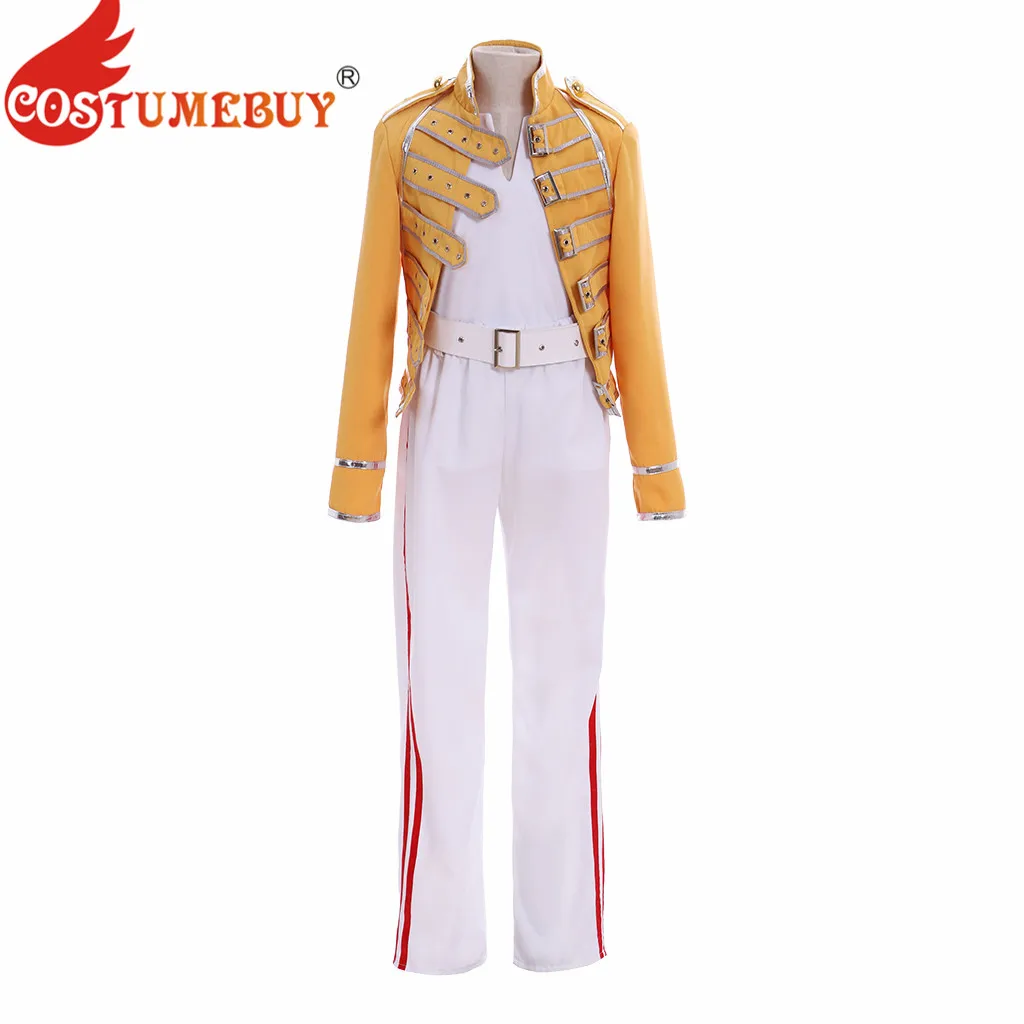 CostumeBuy Queen Lead Vocals Freddie Mercury Wembley On Stage Cosplay Yellow Jacket White Pant Costume Suit Full Set Custom Made