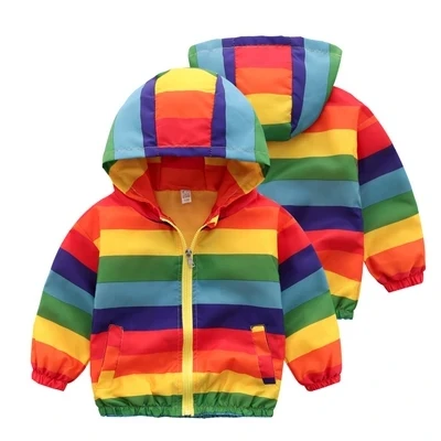 

Baby Child Spring Rainbow color Windbreaker Jackets Children Hooded Outerwear Coats Loose Kids Striped Clothes Toddler Outwear