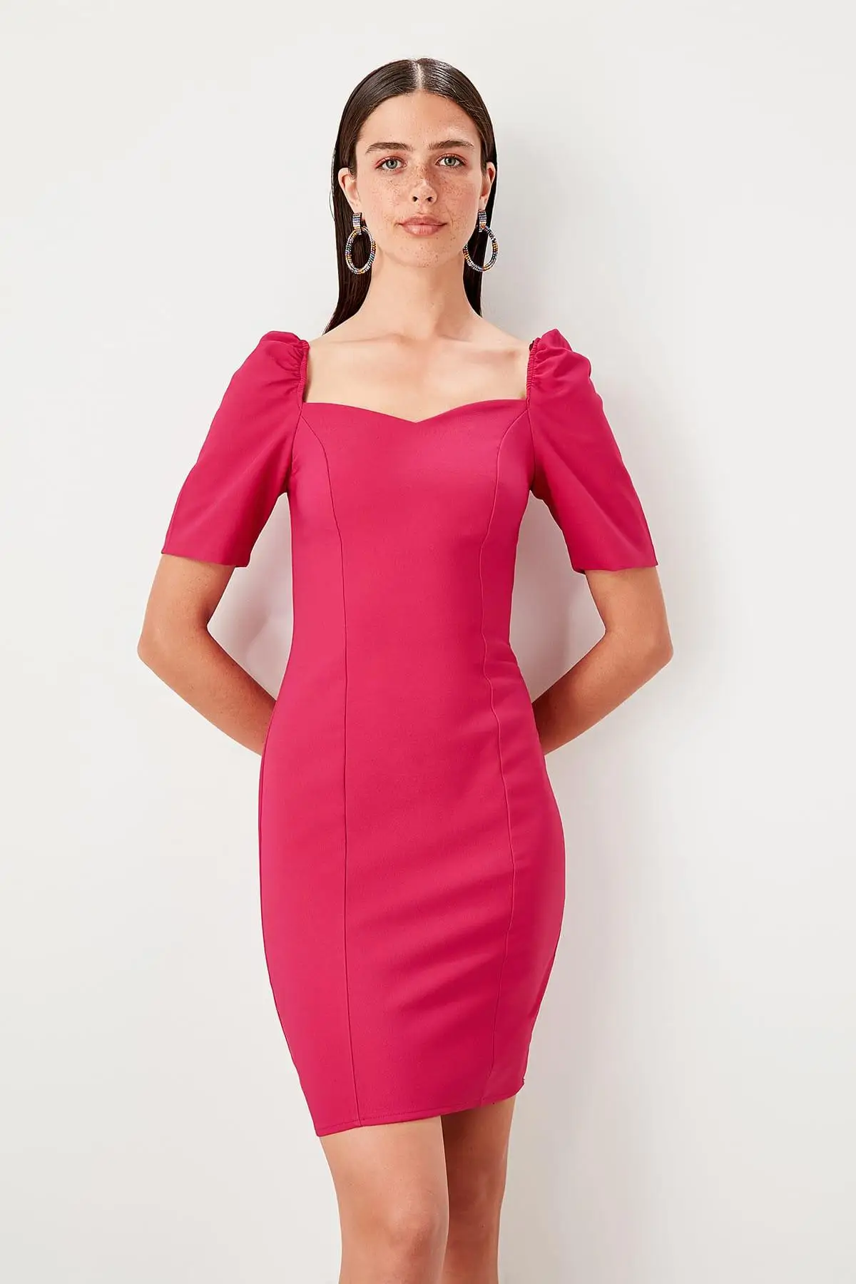 Trendyol фуксия Пузырьковые рукава платье TWOSS19EL0255|Женские платья| |